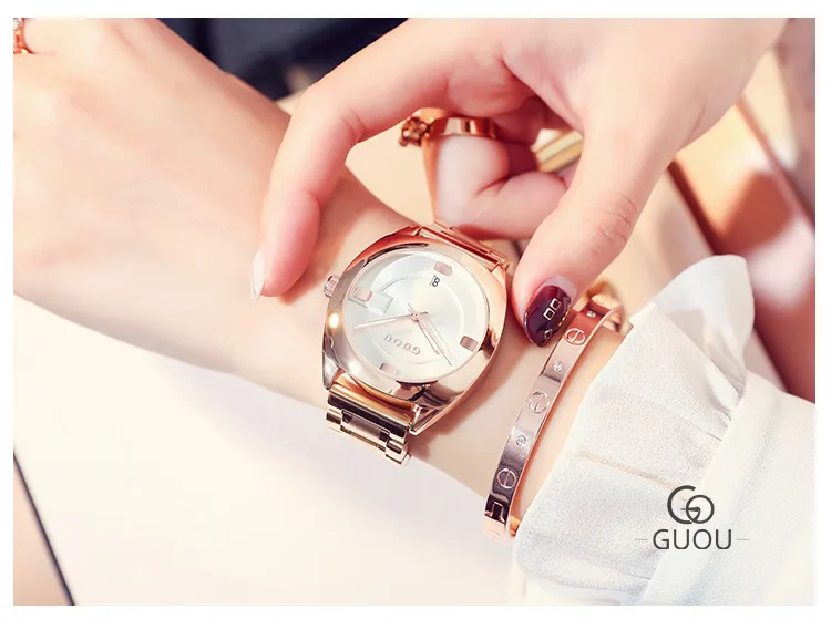 Новый GUOU часы Для женщин Роскошные часы из нержавеющей стали Мода Повседневная Женская обувь часы Для женщин кварцевые часы диких Простой