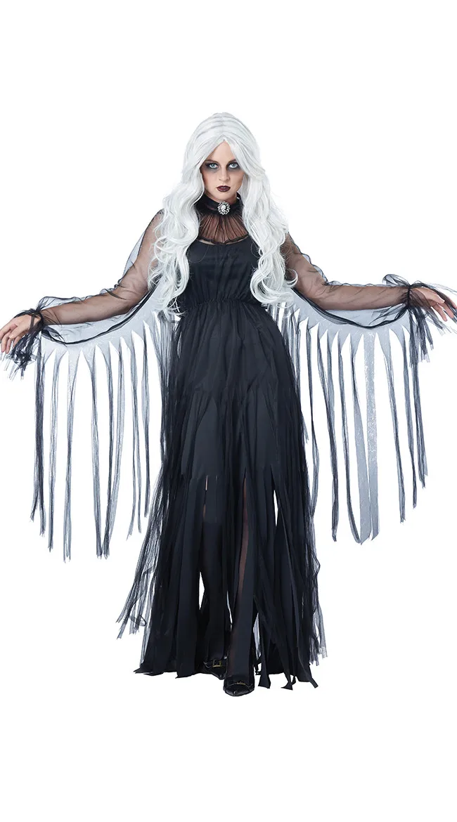 Вечерние костюмы ведьмы на Хэллоуин для взрослых женщин, блуждающая душа в ночи, зомби, труп, призрак, невеста, Черное длинное платье