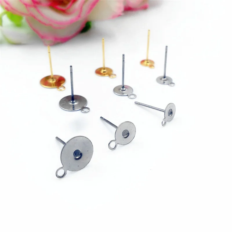 100pcs 316L Stainless Steel Earring Pins Flat Head with Hanging Ring