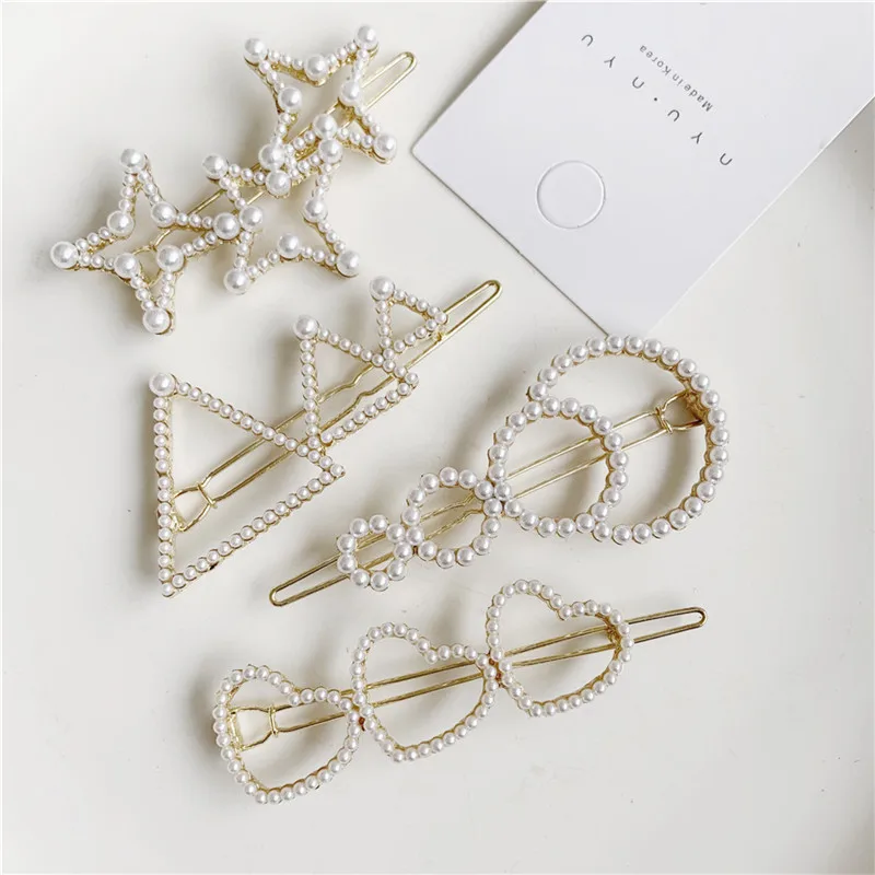 

2019 Korean Imitation Pearl Hairpins Round Triangle Love Gold Hairpin Woman Wedding Hair Accessories M29-M32