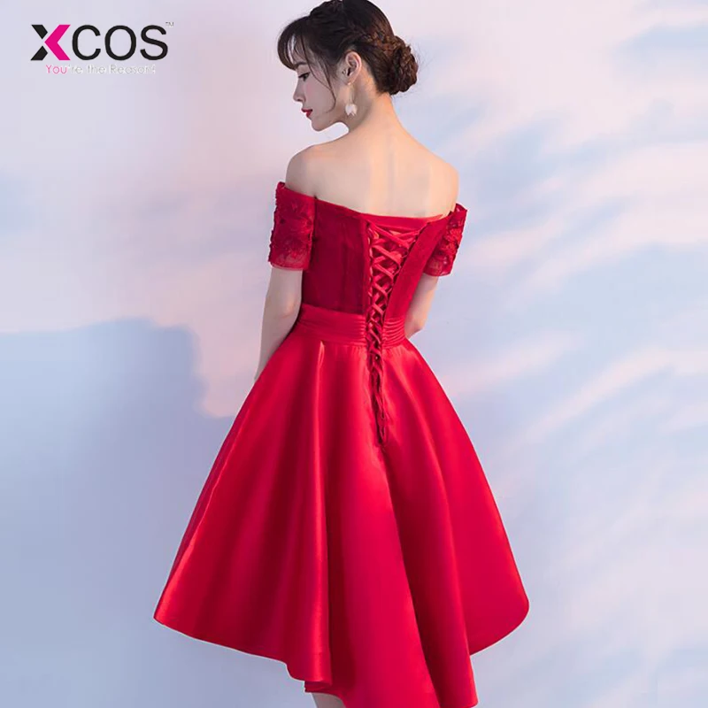 Недорогое короткое платье для выпускного вечера, Красные кружевные и атласные вечерние платья с открытыми плечами
