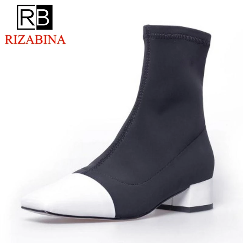 

RizaBina High Heel Women Boots Mixed Color Square Toe Women's Shoes Mid Calf Boots Elegant Shoes Ladies Footwear Size 34-39