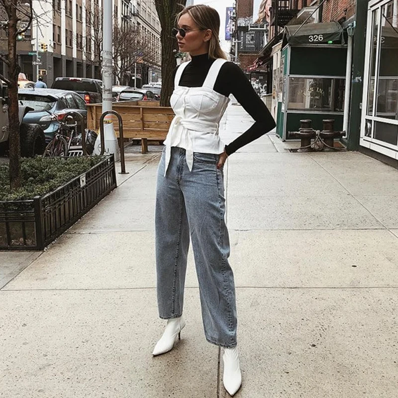 

AEL Fashion Denim Straps Women Vest 2019 Sexy Tank Tops Femmes Tight Tops White Street Style With Belt High Quality Waistcoat