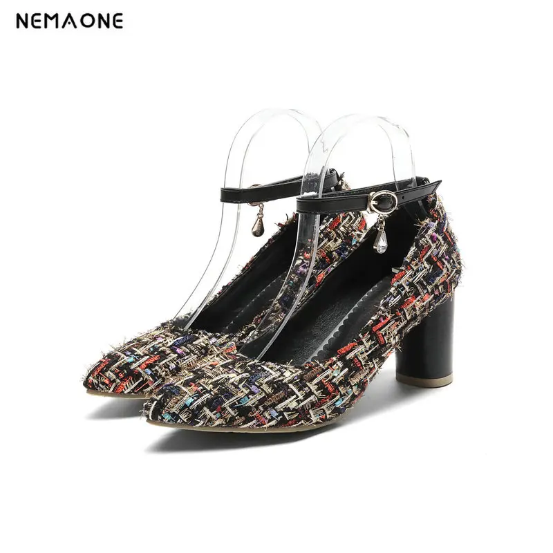 

NEMAONE cotton fabric shoes woman 8cm high heels women pumps ankle strap ladies shoes big size 43