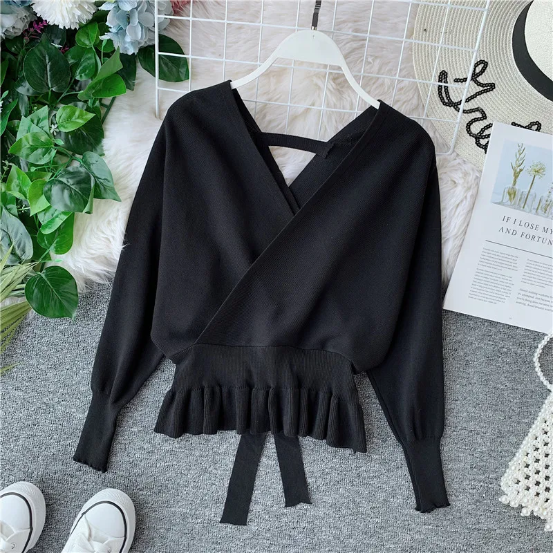 OCEANLOVE Autumn Winter Sexy V Neck Women Sweaters Batwing Sleeve Bow Short Slim Sueter Mujer Fashion Pullovers 12653