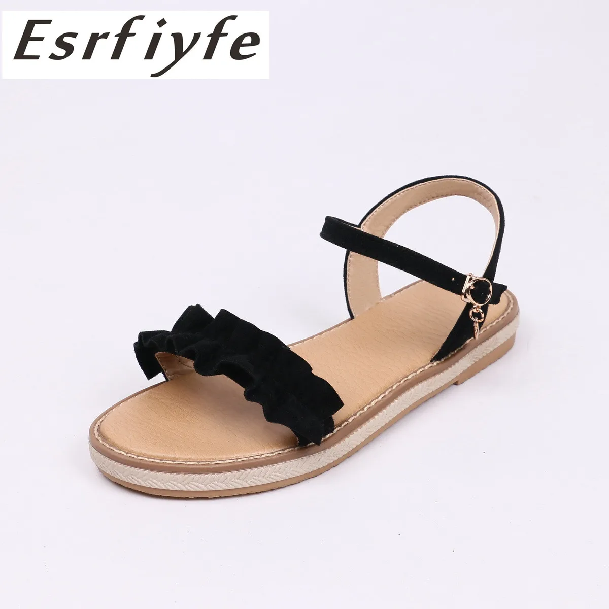 

ESRFIYFE 2018 New Summer Women Shoes Fashion Flat with Woman Sandals TPR Ruffles Sweet Style Shoes Beach Shoes Big Size 34-43