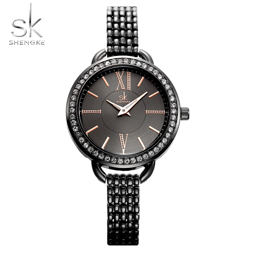 Shengke Ювелирные изделия Подарки для женщин Роскошные Черные Стальные кварцевые часы Брендовые женские часы модные женские часы Relogio Feminino
