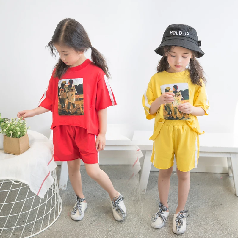 Yellow Children Clothes 2018 Summer T shirt + Shorts 2 Pieces Set Girls