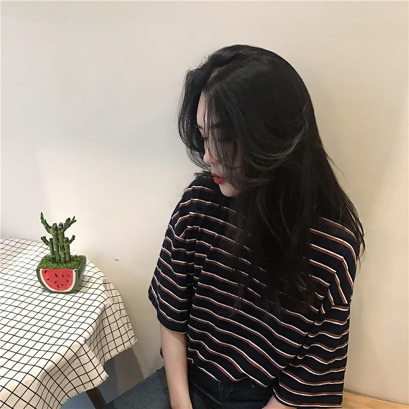 YouGeMan летняя модная футболка Женская Корейская Ulzzang Harajuku свободная полосатая футболка с коротким рукавом женская Повседневная футболка Топ