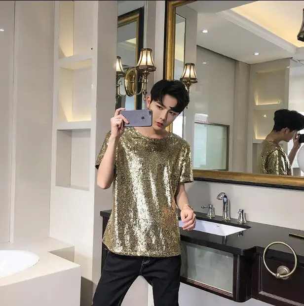 

]Trend men's stage show sequins T-shirt men's personality gold and silver night DJ hair stylist casual half-sleeved t-shirt