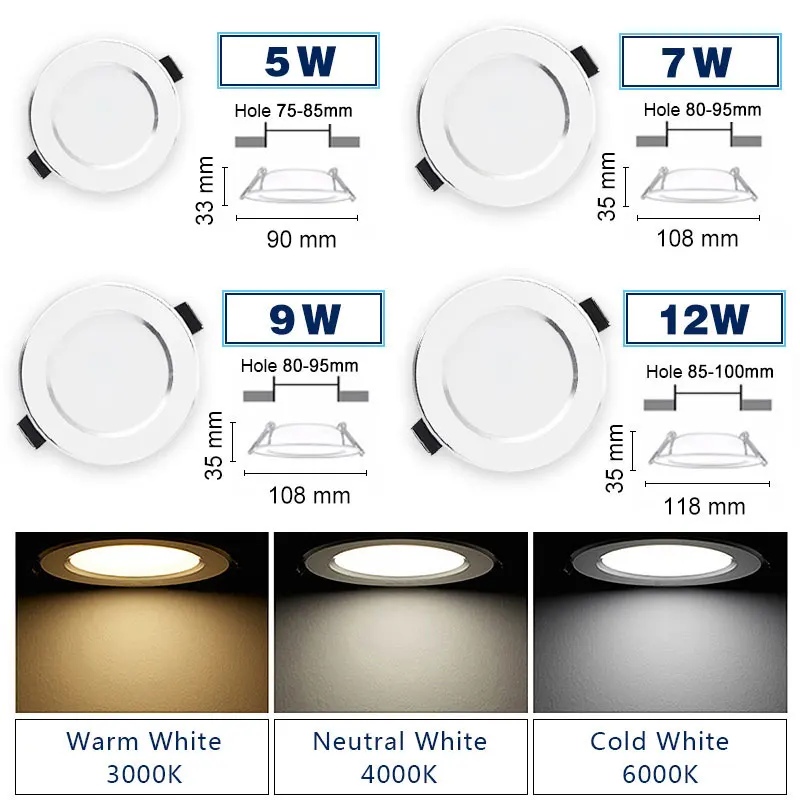 Светодиодный светильник, натуральный белый, встраиваемый, для кухни, ванной комнаты, лампа 220 В, 230 В, 5 Вт, 7 Вт, 9 Вт, 12 Вт, светодиодный светильник, теплый белый, холодный белый