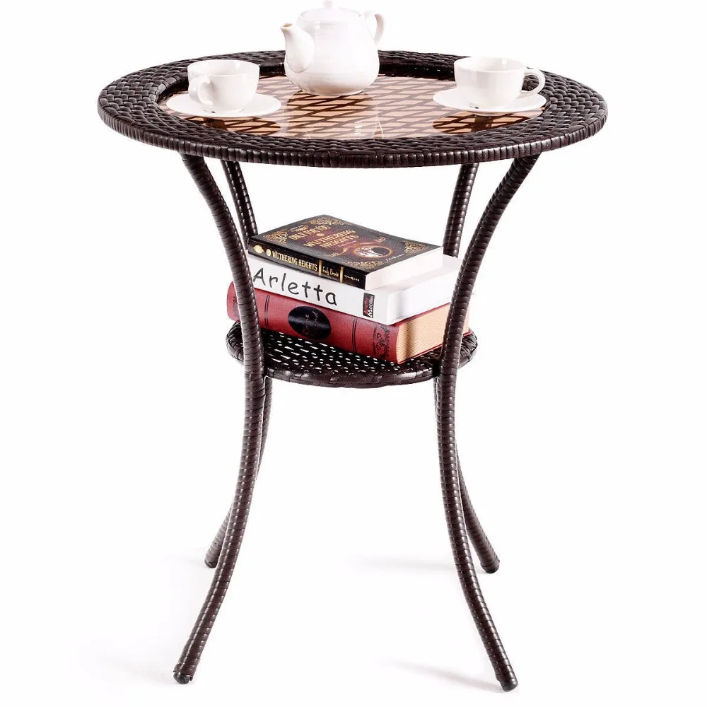 Giantex Round Rattan Wicker Coffee Table Glass Top Steel Frame Patio Furni W/Lower Shelf Home Furniture HW59335