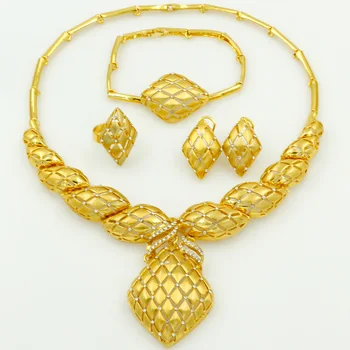 

Arabian Luxury Fashion Wedding 24 Gold Jewelry Sets Crystal Necklace Ring Bracelet Charm Bride Earrings Accessories Jewelry