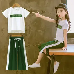 Летняя Очаровательная футболка с короткими рукавами и буквенным принтом для маленьких девочек, блузка, широкие штаны, повседневная одежда