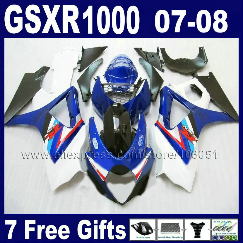 

Custom motorcycle men road fairings kit for 2007 SUZUKI K7 K8 2008 GSXR1000 08 GSXR 1000 07 blue white fairing bodykits