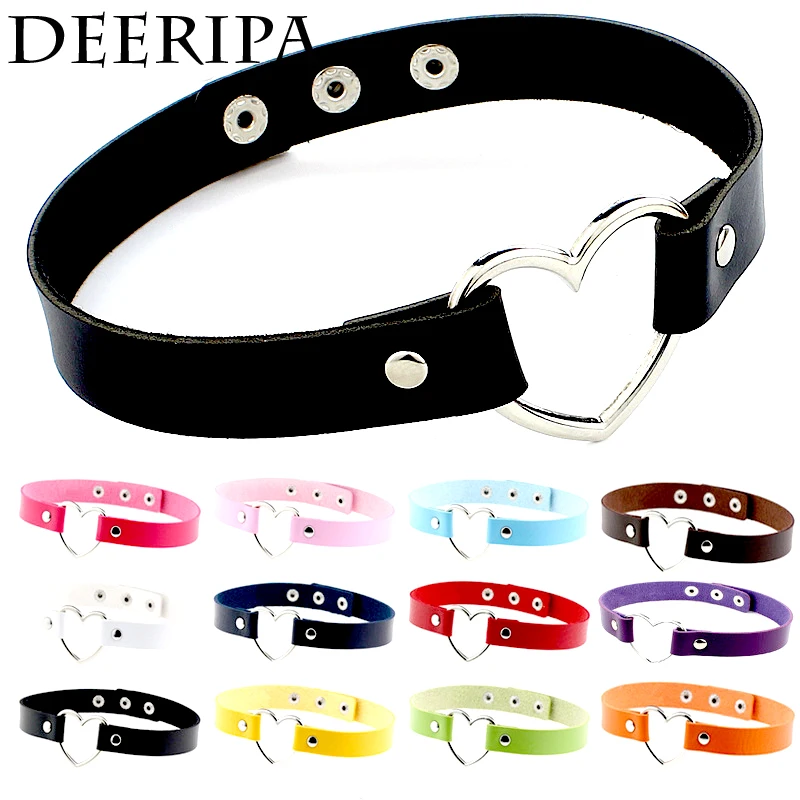 

7 Colors Trendy Stainless Steel Heart Chokers Necklaces Colorful Leather Buckle Belt Jewelry for Women Men Gifts