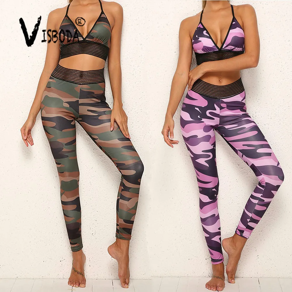 

Women Camouflage Tracksuit Fitness V Neck Tank Top Legging Pants 2 Piece Set Workout Fashion Ladies Army Green Suit Plus Size