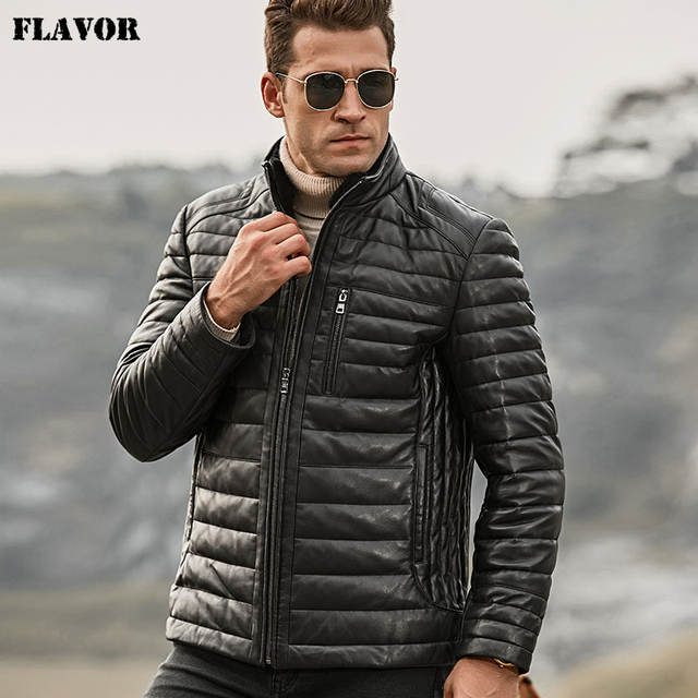 FLAVOR Men’s Real Leather Down Jacket Men Genuine Lambskin Winter Warm Leather Coat with Removable Standing Sheep Fur Collar