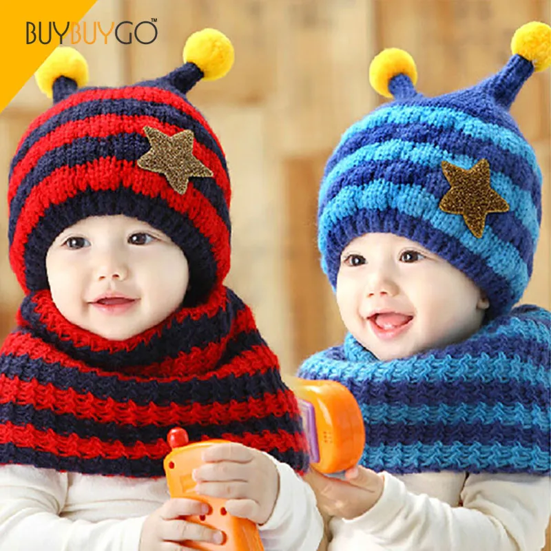 Winter Velvet Ear Muff Stripe Knitting Bee Baby Hat and Scarf Set Newborn Photography Props Unisex Cute Baby Hat