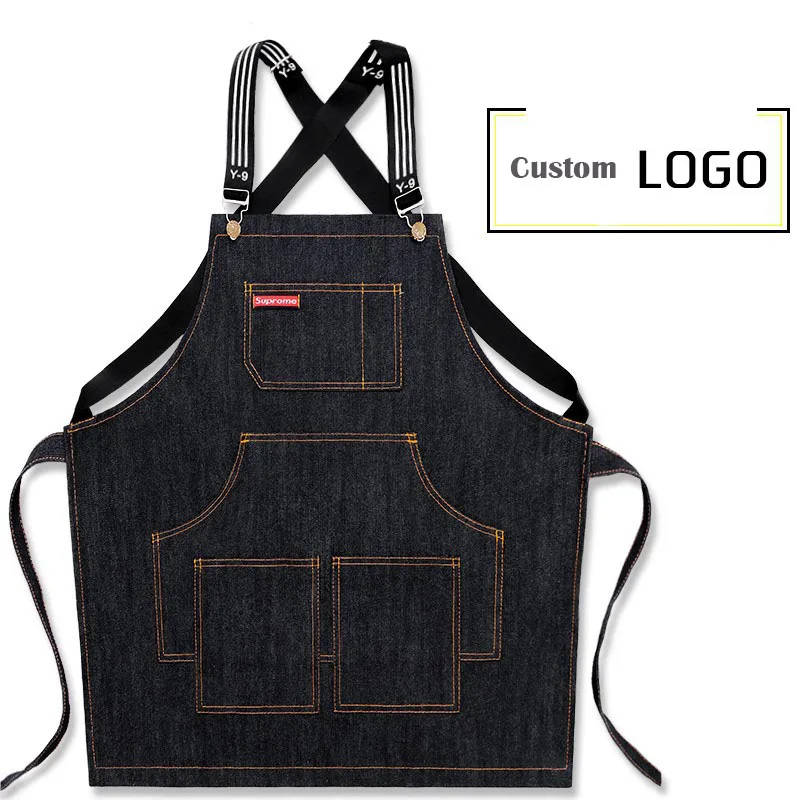 

Nordic style cotton unisex denim apron for Women Men Adjustable Senior Leather Straps Kitchen apron baking cooking Custom Logo