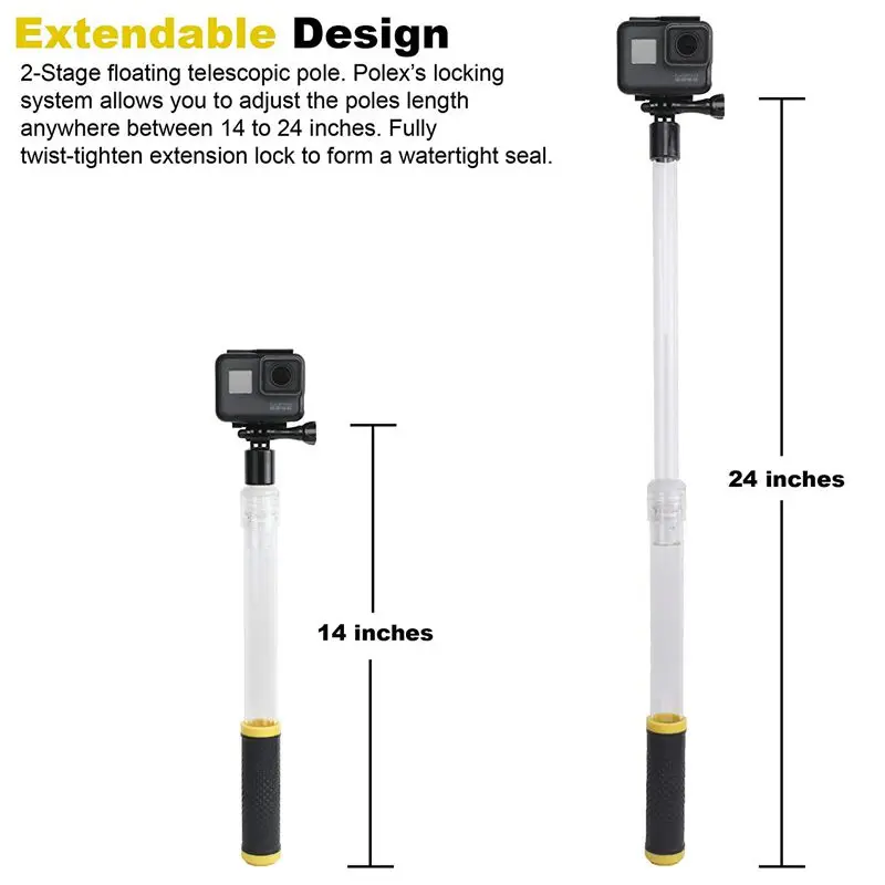 Waterproof Selfie Stick for GoPro Extendable Transparent Floaty Pole for GoPro Hero Cameras, 14-24inch Waterproof Telescoping