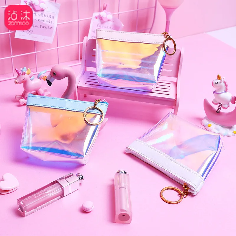 

Fannen Girl Heart Zero Wallet Transparent Laser PU Jelly with Handbag Data Wire Headphone Waterproof Receiving Bag Pencil Bag