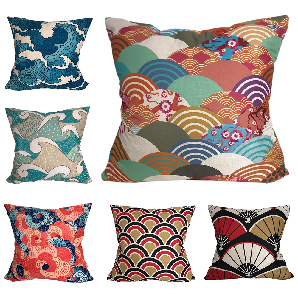 

CURCYA Japanese Culture Sea Wave Cushion Covers Ancient Fan Throw Pillow Cover Vintage Cloud Floral Thin Polyester Pillowcase