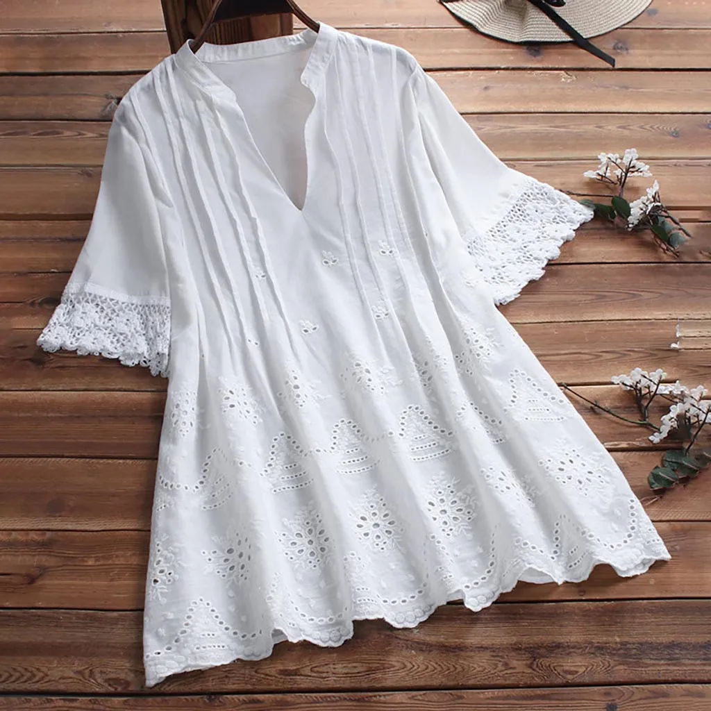 

Women Loose Linen Blouse Button Long Splice Lace V Neck Casual Shirt Blouse Solid Color womens tops and blouses plus size M-5XL