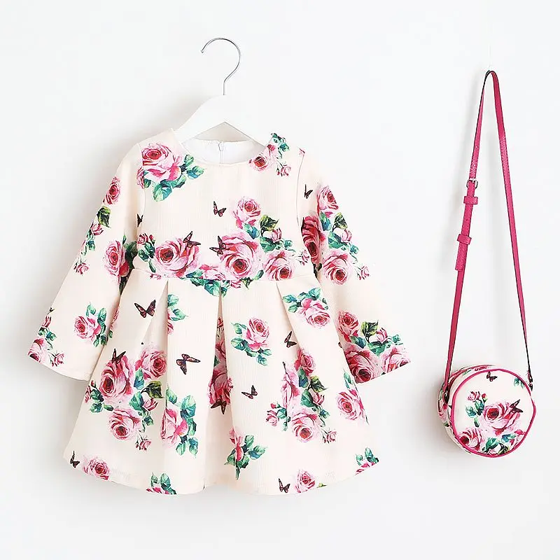 Long Sleeve Dress Girl Christmas Dress 2021 Autumn Winter Floral Print Toddler Girl Dresses Kids Clothes Children Dress with Bag cute baby dresses Dresses