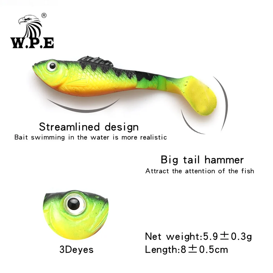 W.P.E 5pcs/pack 80mm Soft Lure Swimbaits 3D eyes Bionic Fishing Lure Shake Silicone Soft Body Lure Wobblers Fishing Tackle