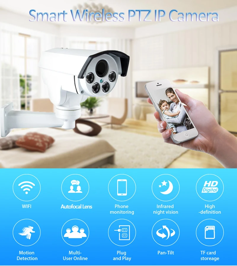 1080P Audio-in Bullet Outdoor 10X / 5X Optical Zoom IP PTZ Wifi Network Camera 2MP Wireless Wi fi CCTV Camera TF Card Slot Onvif