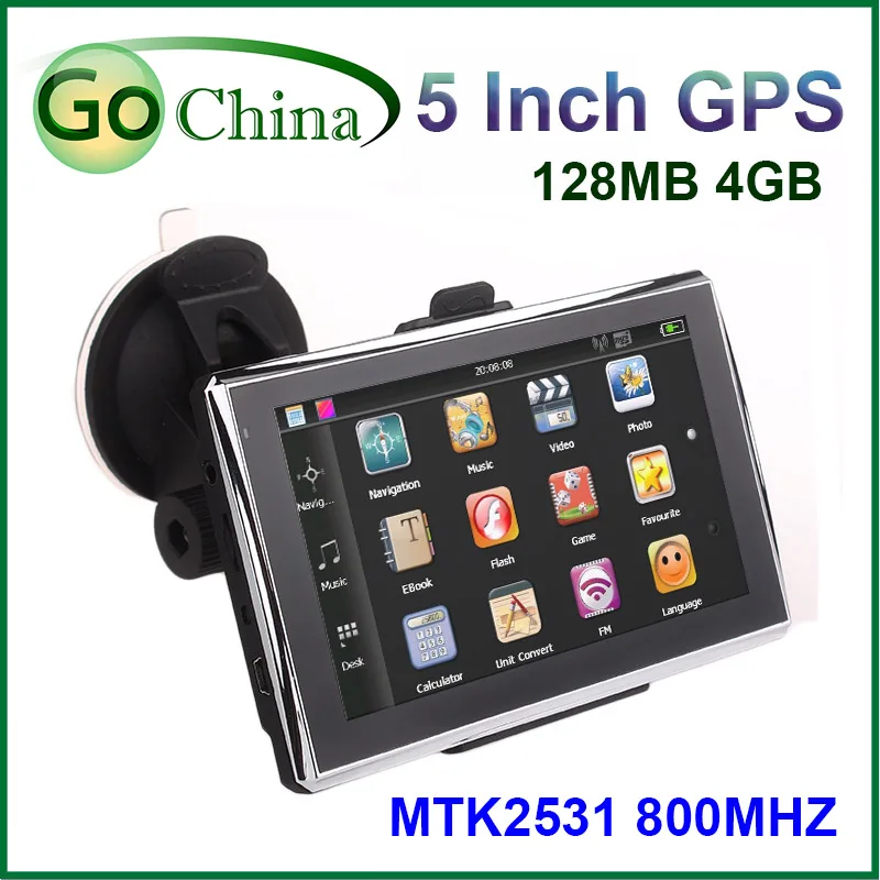  5 inch car GPS, MTK navigator  800Mhz CPU GPS built-in 4GB, DDR 128 MB, ,offer maps, free shipping 