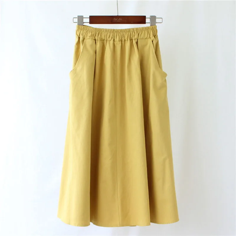 Летняя женская Шикарная новая хлопковая юбка с карманами, Студенческая Корейская версия однотонной повседневной модной юбки bf - Цвет: yellow