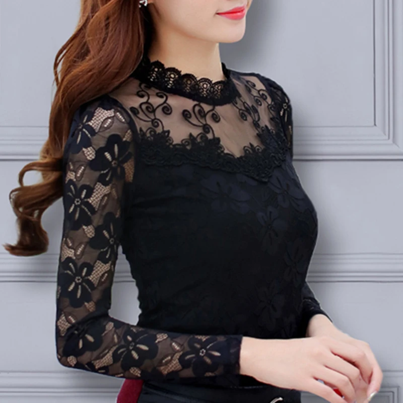 Blusa de encaje Sexy negra para mujer manga larga Blusas florales mujer camisa talla grande 5xl señoras Tops mujeres elegantes Blusas femeninas|Blusas y camisas| - AliExpress