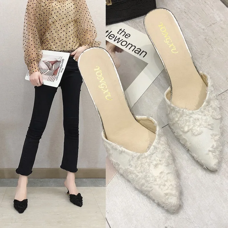 

2019 New Fashion Flock Slides Women Thin Heels Summer Slippers Lady Party Dress Shoes Outside Rome High Heels women flip flops