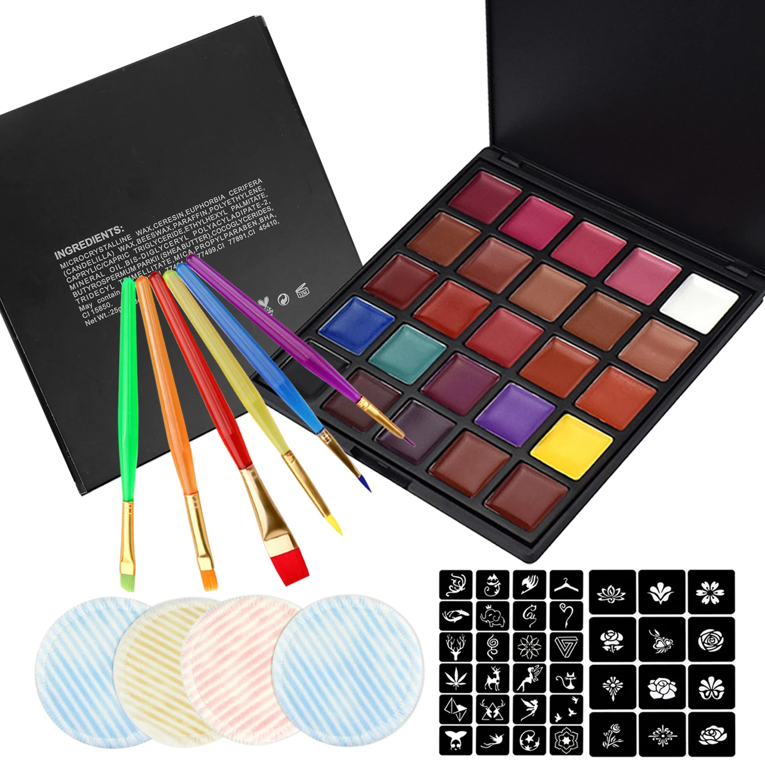 

Behogar 25-Color Pigment + 4PCS Makeup Remover Pads + 6PCS Painting Brushes + 2 Sheet Stencils Body Face Paint Set for Festivals