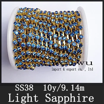 

More Shiny Golden Base Rhinestone Cup Chain SS38 10 Yards Light Sapphire Sewing Strass Chain