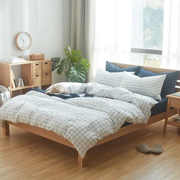 

4pcs 100% Cotton bed sets white checks duvet cover matched with solid blue fitted bed sheet queen size bedding sets