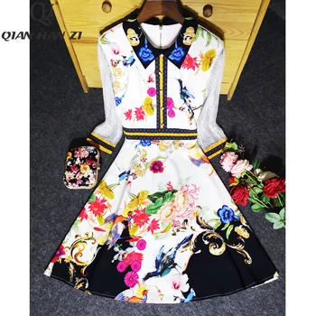 

Qian Han Zi 2020 New Fashion Designer Dress Women's Lace Sleeve Floral Print Vintage Dress