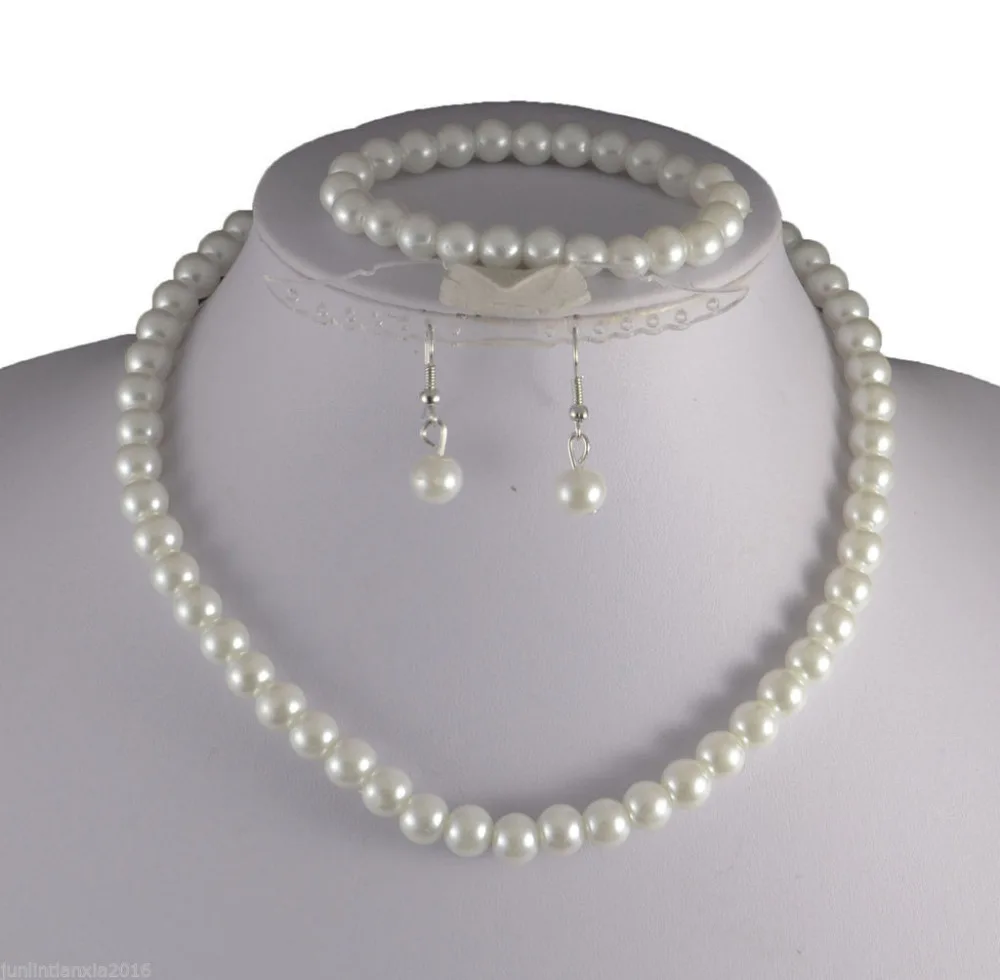

Free shipping hot sale Women Bridal Wedding Jewelry >>8MM White Shell Pearl Necklace 18'' Earrings & Bracelet7.5'' Set