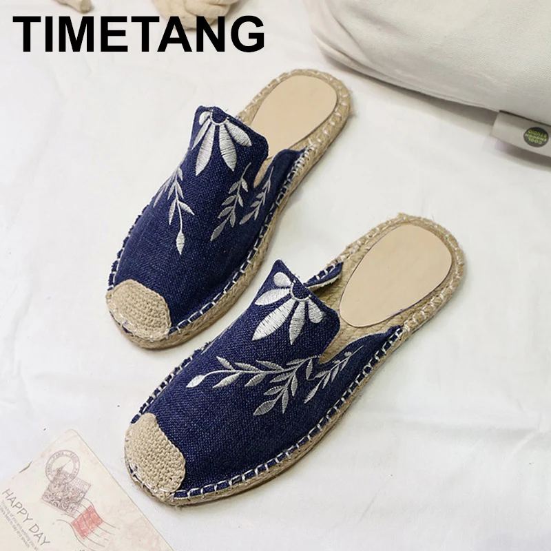 TIMETANG Women shoes embroider dress shoes rhinestones outside basic high-end satin wearing sandals straw-woven flat-soled E272