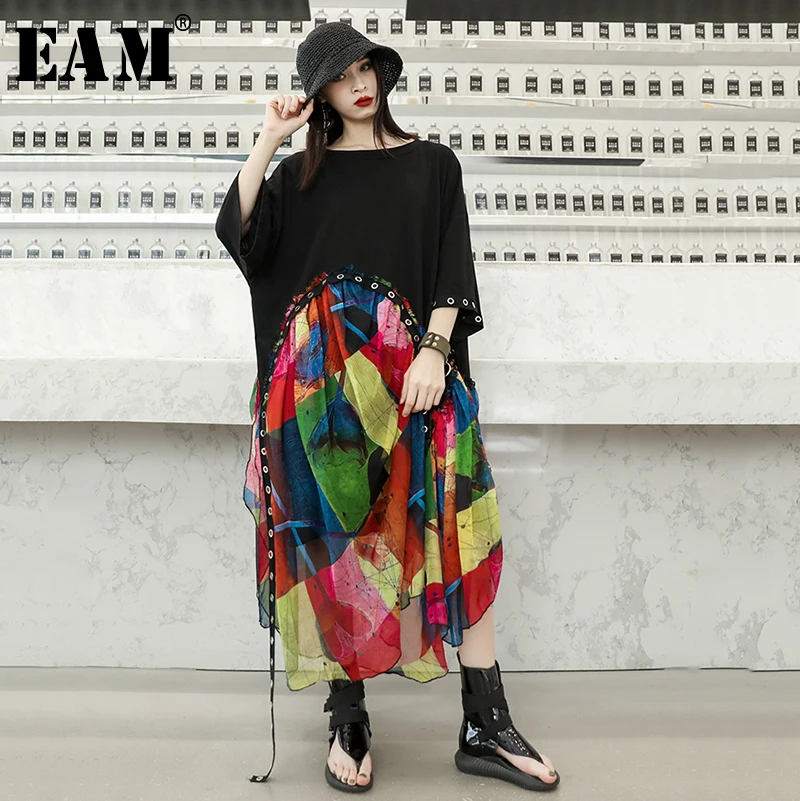 [EAM] New Spring Summer Round Neck Half Sleeve Print Pattern Bandage Chiffon Personality Big Size Dress Women Fashion JX866