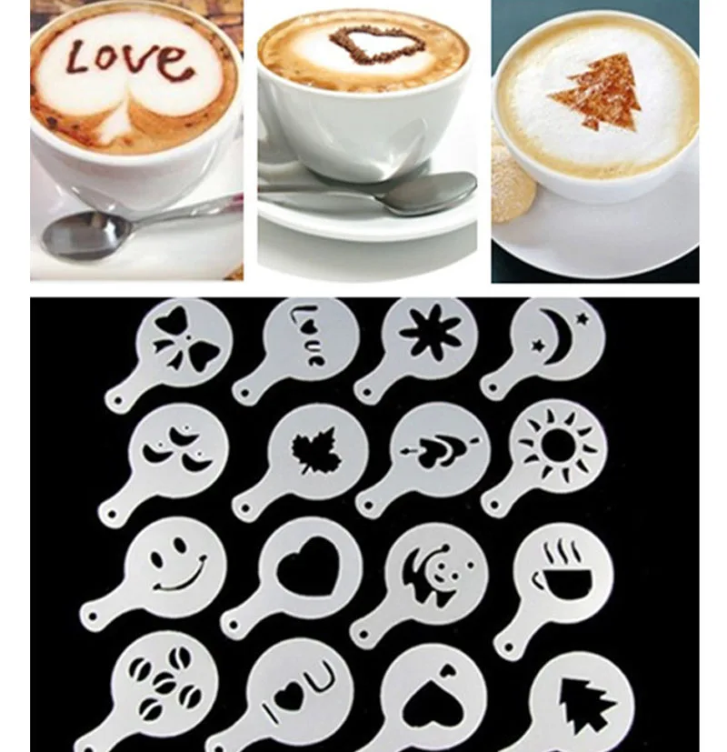 16 Pcs Kaffee Latte Cappuccino Barista Schablonen Kuchen Duster Vorlagen Kaffee Werkzeuge Zubehör-in Kaffee-Schablonen aus Heim und Garten bei