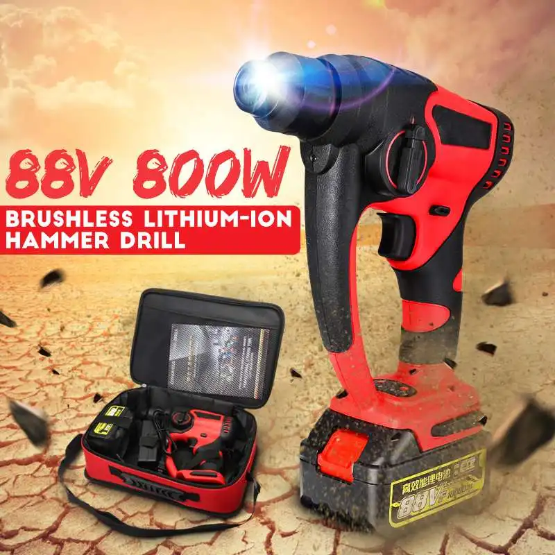 

88v 800w 10000mAh Electric Hammer Brushless Cordless Lithium-Ion Hammer Drill with 1 or 2 Battery Power Tools