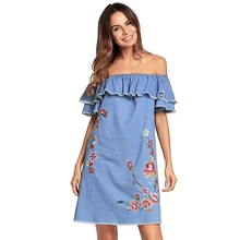 Fora Do Ombro Denim Vestido 2018 Verão de Slash Neck Moda Mulheres Bordados Sexy Vestido de Alta Qualidade Vestidos Femininos