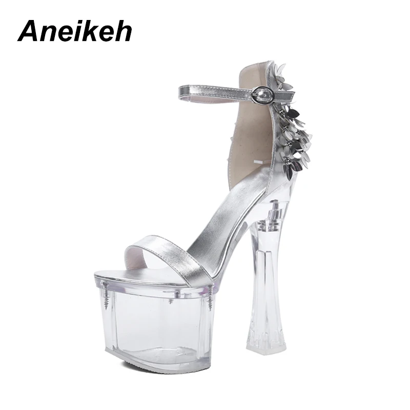 

Aneikeh Fashion Sandals Women's Gladiator Platform Shoes Buckle Strap Transparent Square High Heels Sandals For Party Size3-8