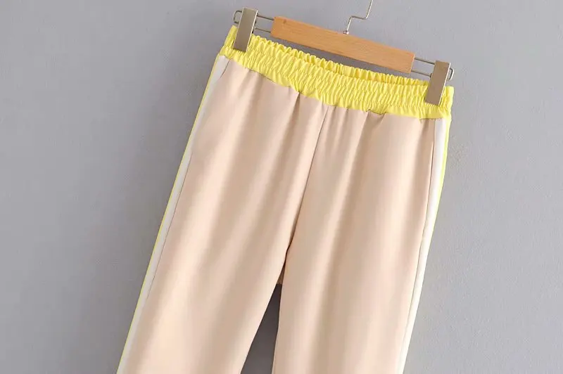 Set Female Vintage Yellow Contrast Color Baseball Bomber Pullover Jacket Women Top and Pencil Jogging Pants Suits Two Piece Sets