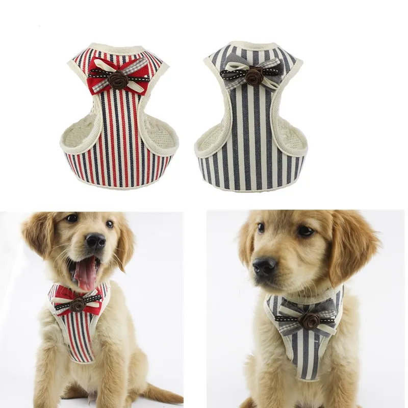 

1Set Red/Grey Striped Dog Harness with Neck Bow Tie Chest Back Vest Harnesses for Pet Puppy Cats Leash Include 5 Colors 4 Size
