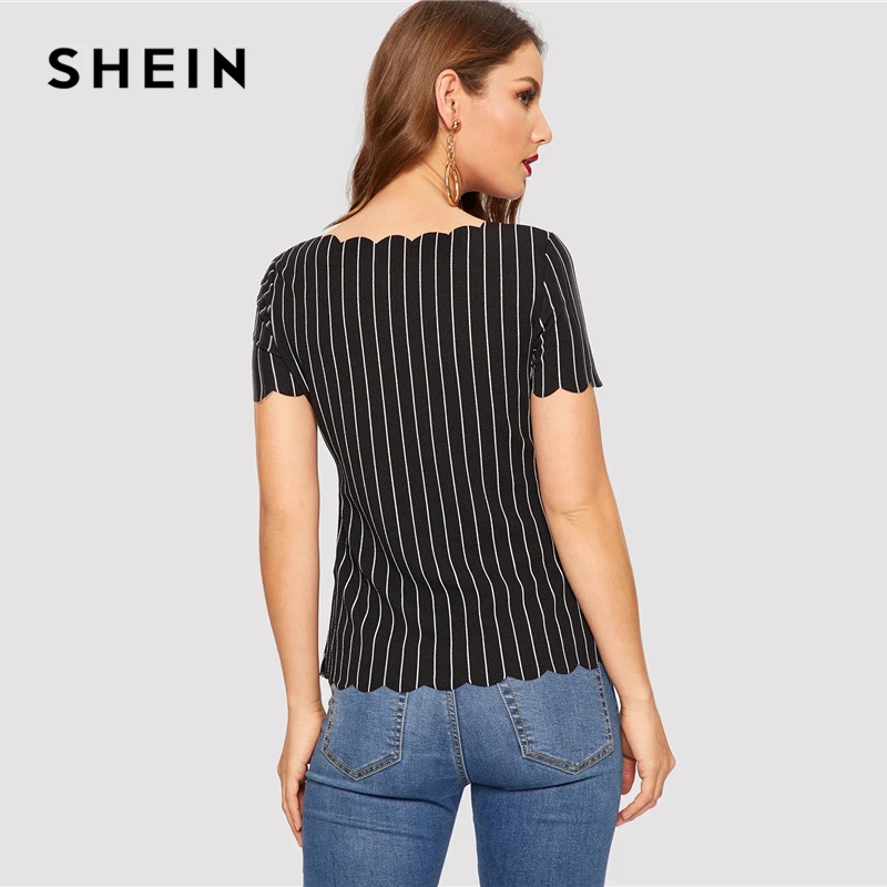 SHEIN Топ В Полоску С Фестончатым Краем Офисные Повседневные Топы И Блузки С Оригинальной Отделкой