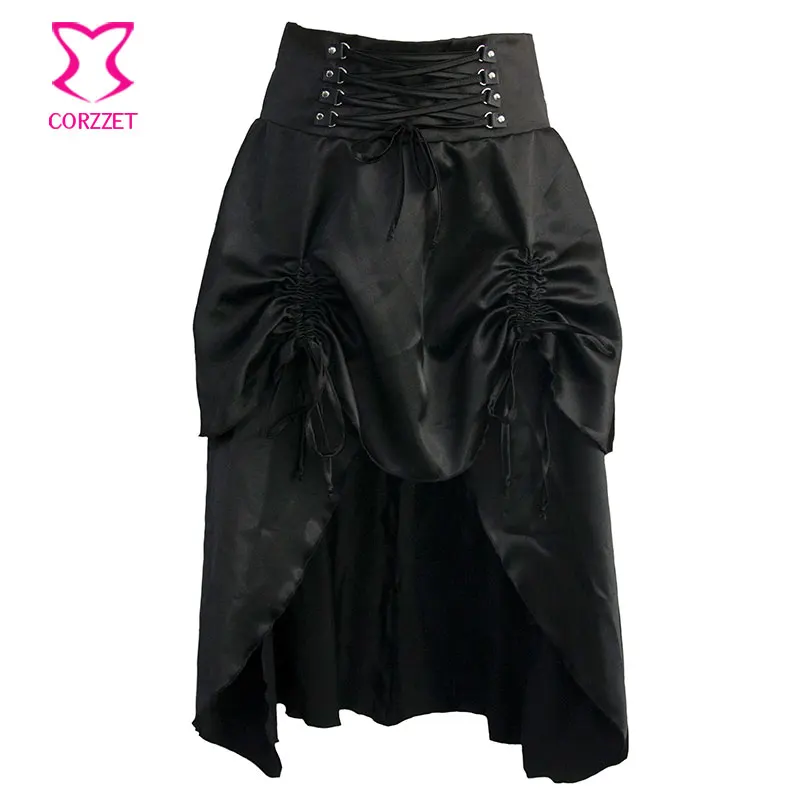 Панк Черная атласная готическая юбка с рюшами Асимметричный бурлеск юбки средней длины женские Jupe стимпанк одежда корсет falda gotica - Цвет: Черный